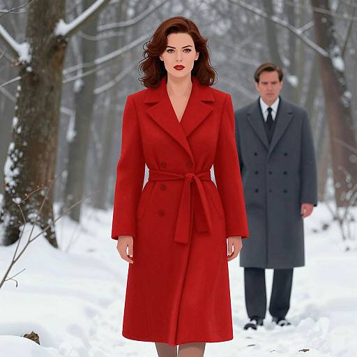 Digital illustration of a red-coated woman with wavy brown hair and red lipstick, standing in a snowy forest, with a man in a gray suit