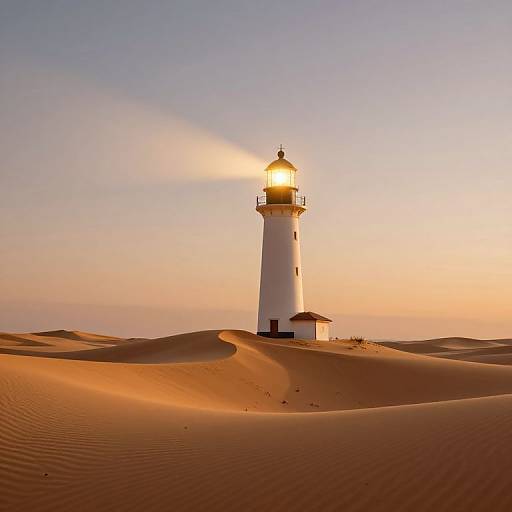 Photograph of a white lighthouse with a glowing light, standing on golden sand dunes at sunset, under a gradient sky.