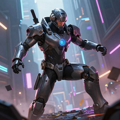 CGI image of a futuristic, armored, glowing-blue-eyed robot warrior in a neon-lit, cyberpunk city street, poised for battle.