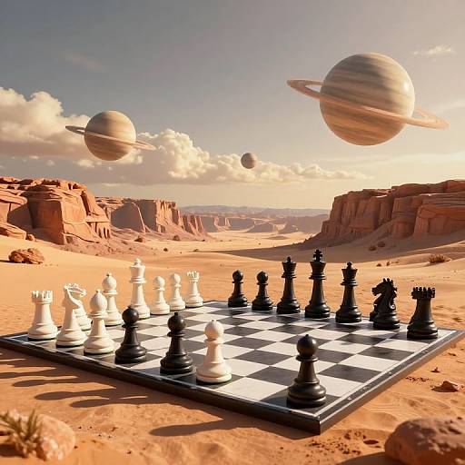 Photorealistic CGI: Black and white chessboard on desert planet with three Saturn-like planets in the sunlit sky, surrounded by rocky cliffs.
