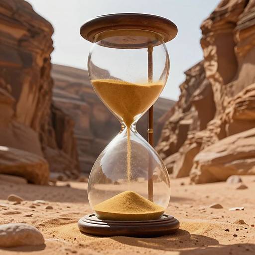 Photograph of an hourglass with golden sand in a desert canyon, sunlight illuminating the glass and sand, surrounded by rocky cliffs.