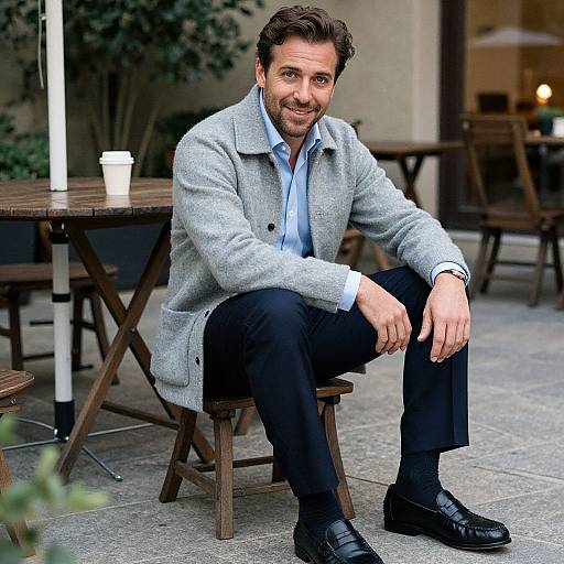 Photograph of a smiling, bearded man with dark hair, wearing a light gray coat, blue shirt, black pants, and black shoes, sitting