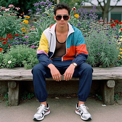 Photograph of a man with short black hair, wearing sunglasses, a colorful jacket, black mesh shirt, and black pants, sitting on a wooden bench