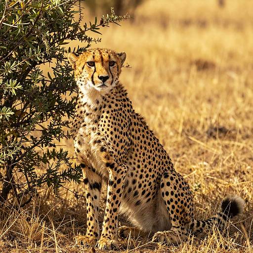 Photograph of a sleek, spotted cheetah sitting alertly under a green shrub in a sunlit, golden grassy savanna.