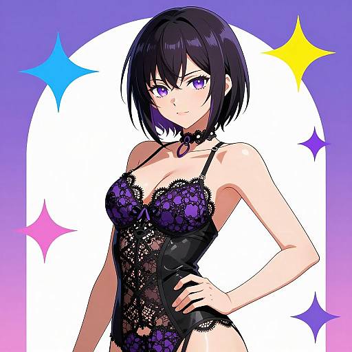 Confident Anime Woman in Black and Purple Lace Outfit