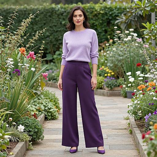 Photograph of a woman with dark hair, wearing a light purple sweater and high-waisted, wide-legged black pants, standing on a stone path