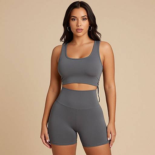 Photograph of a fit woman with dark hair, tan skin, wearing a gray sports bra and high-waisted shorts, standing against a plain beige