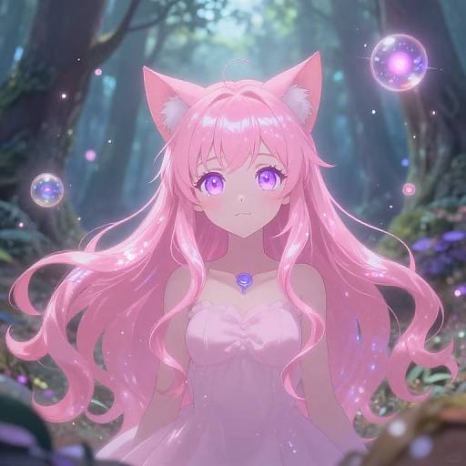 Anime-style digital drawing of a pink-haired, cat-eared girl with purple eyes, wearing a white dress, surrounded by glowing bubbles in a mystical forest