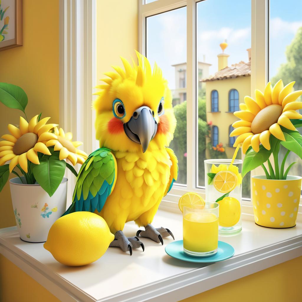 Cute Cartoon Parrot Enjoying Lemonade