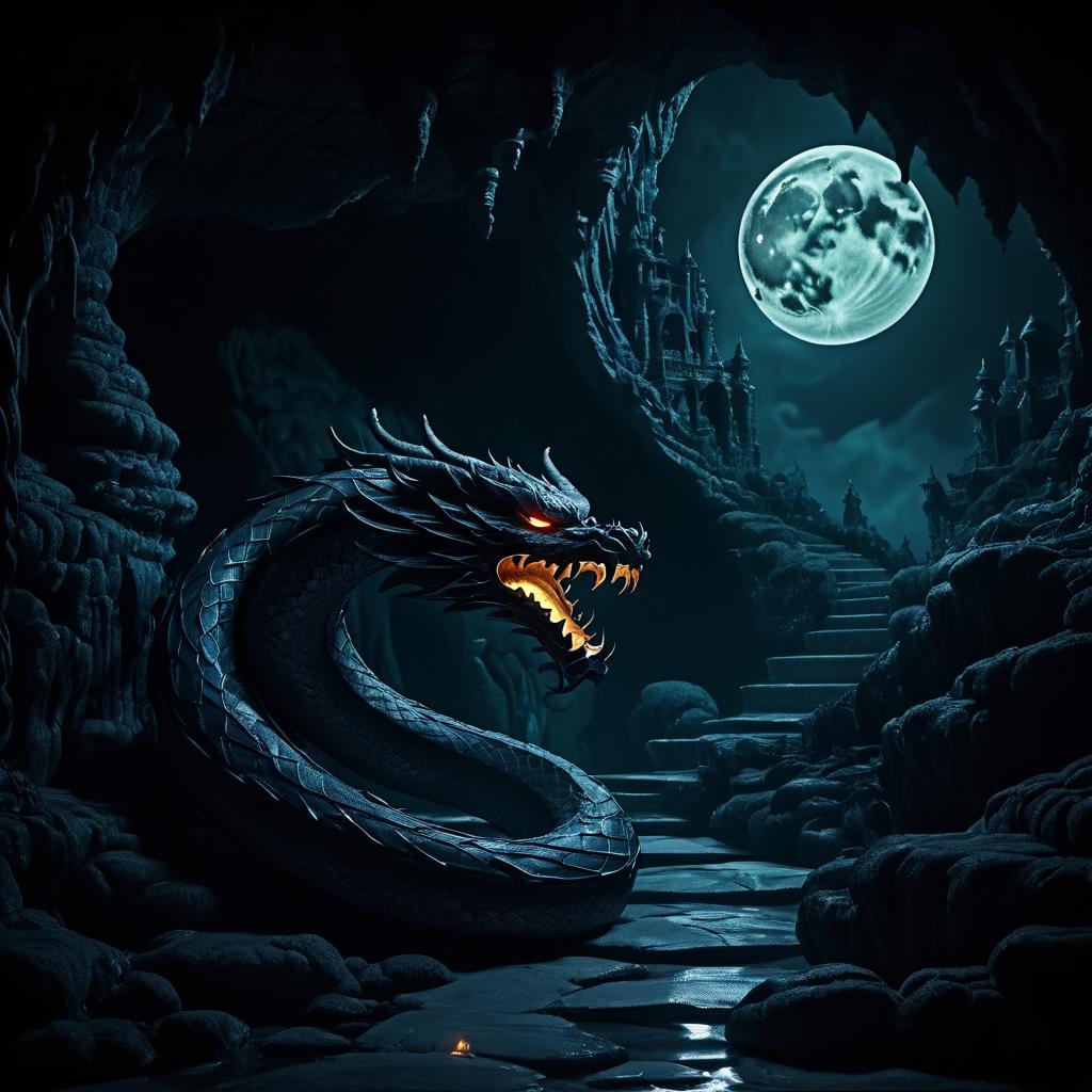 Shadowy Serpent in Moonlit Cave Scene