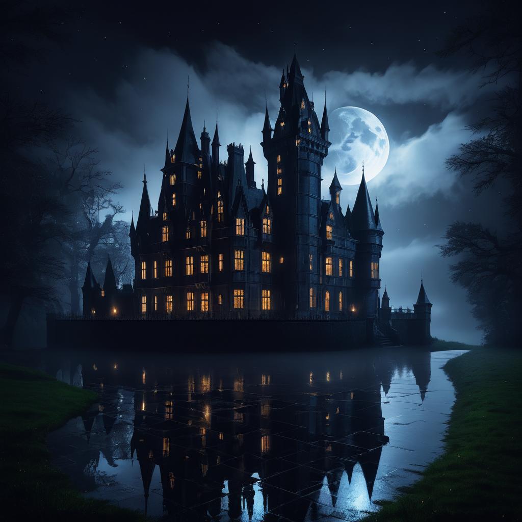 Eerie Victorian Castle Under Rainy Night