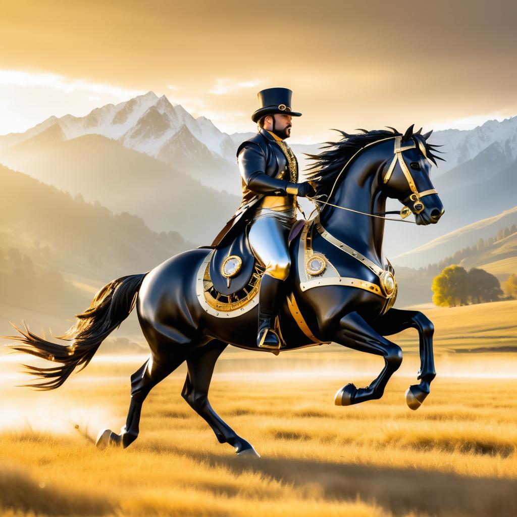 Galloping Stallion in Steampunk Landscape