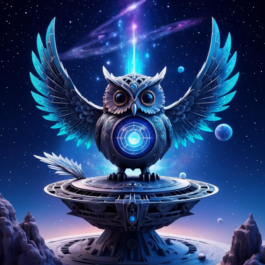 Fantasy Owl Sculpting Asteroids in Space