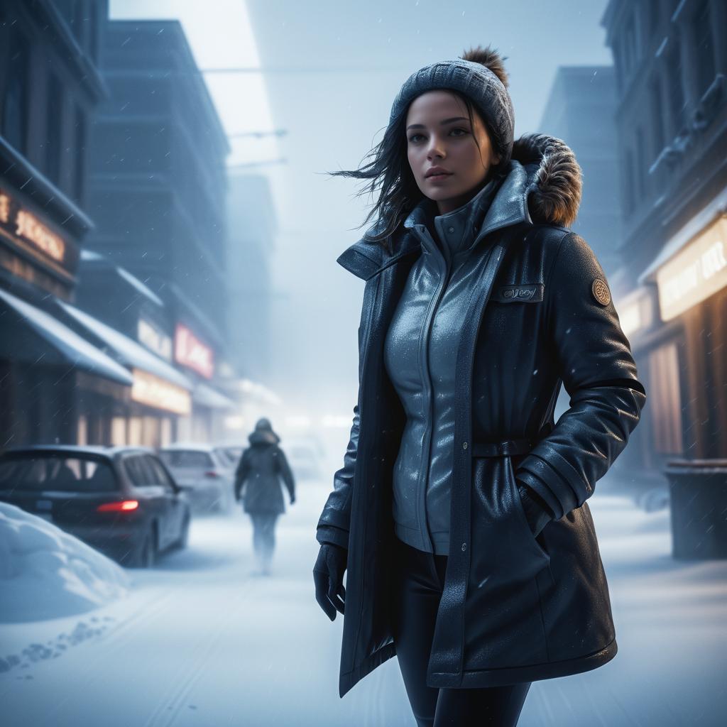 Cinematic Woman Battling Through Blizzard