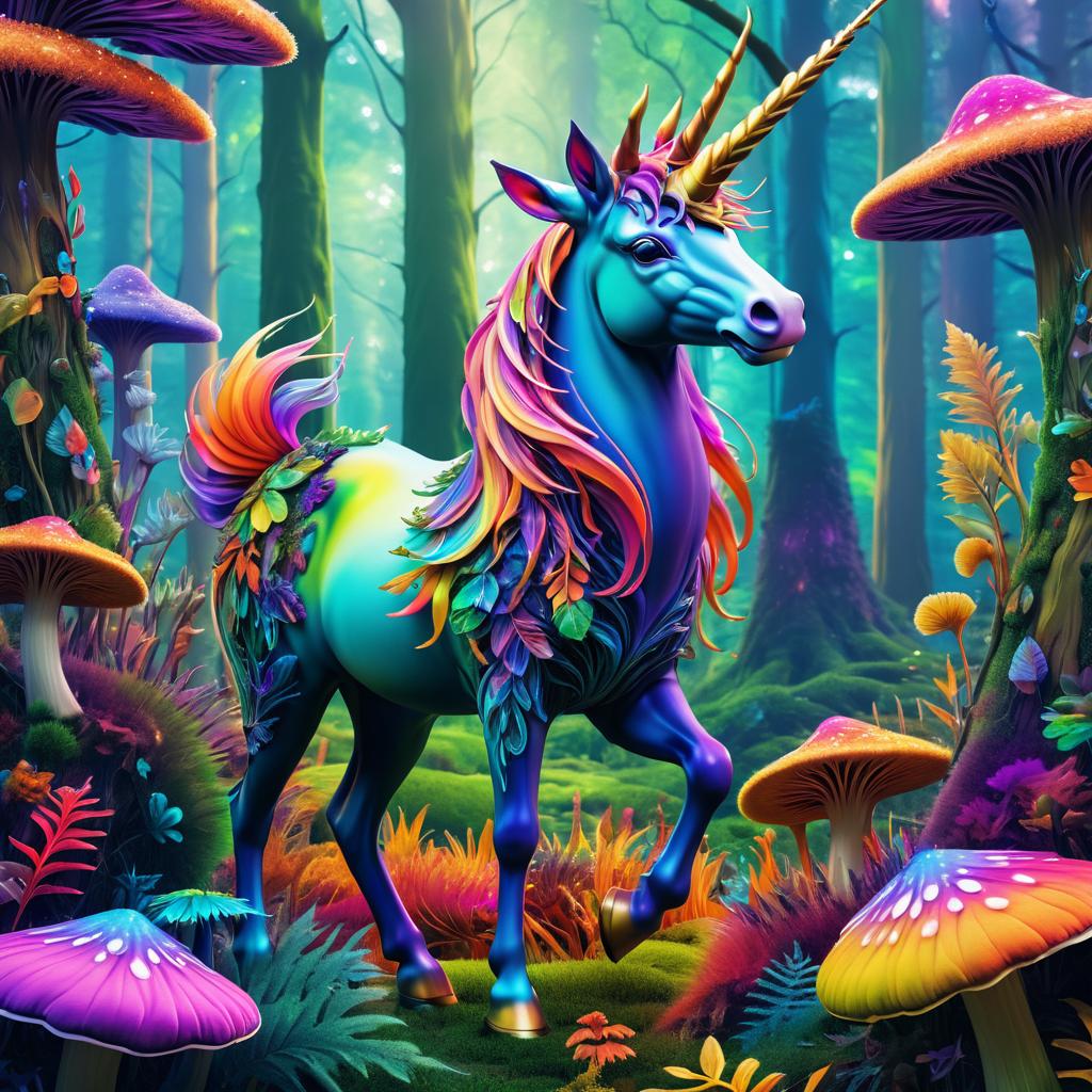 Whimsical Unicorn Amidst Vibrant Fungi