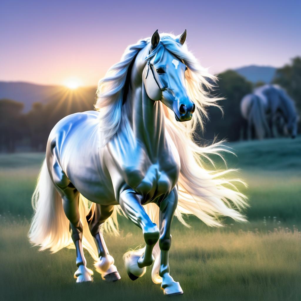 Majestic Silver Mane Horse in Dusk Meadow