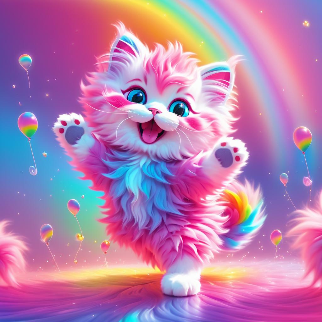 Whimsical Pink Kitten Dancing on Rainbows