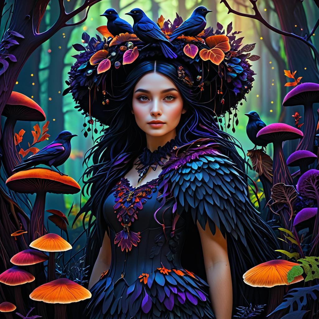 Whimsical Raven Girl in Colorful Fungi