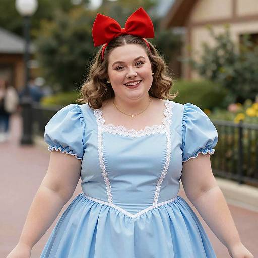 Plus Size Woman in Blue Dress with Red Bow