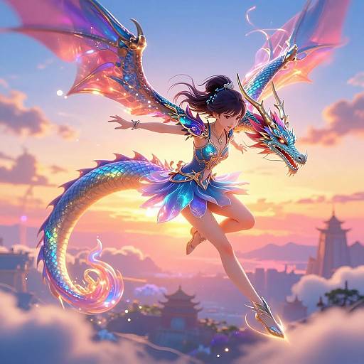 Digital anime artwork of a magical girl with blue wings and dragon tail, floating at sunset above a cityscape. She wears a blue, feathered dress