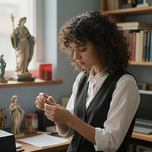 Woman in Office with Statues and Books