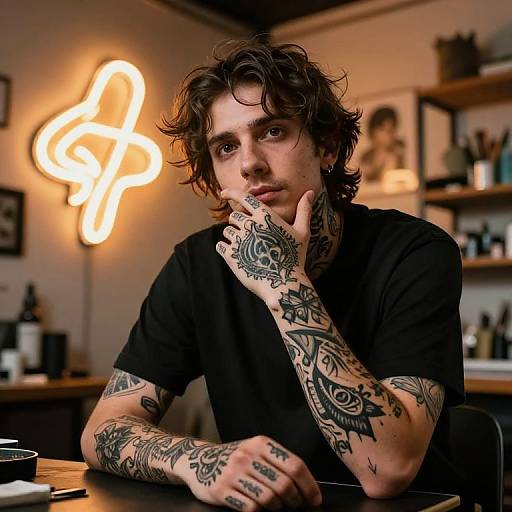 Enigmatic Tattoo Artist in Neon Glow