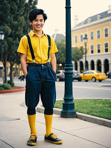 Boy in Yellow Shirt and Suspenders Standing Outdoors