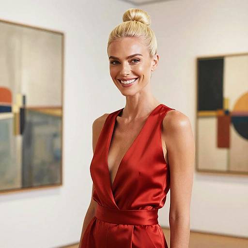 Platinum Blonde in Red Silk Jumpsuit