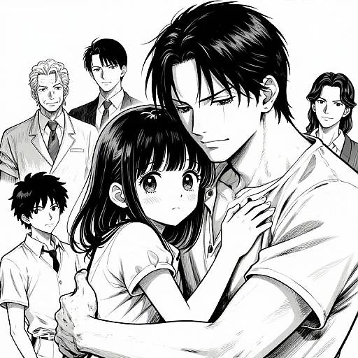 Monochrome manga-style drawing of a close couple in the foreground, surrounded by five other characters in school uniforms, showing diverse expressions and emotions.