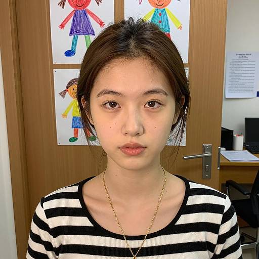 Young woman with neutral expression indoors