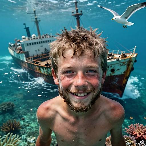 Shirtless, smiling bearded man with spiky blonde hair and blue eyes underwater, in front of a rusted shipwreck, surrounded by