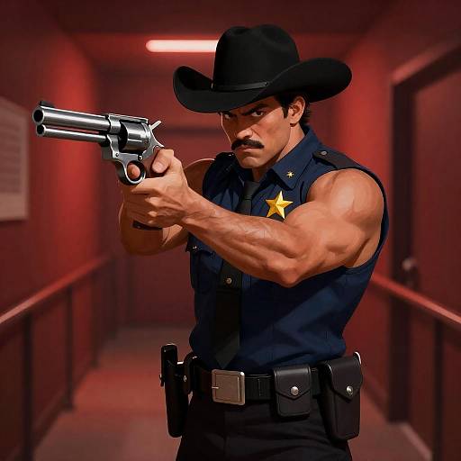 Sheriff aiming revolver in red-lit hallway
