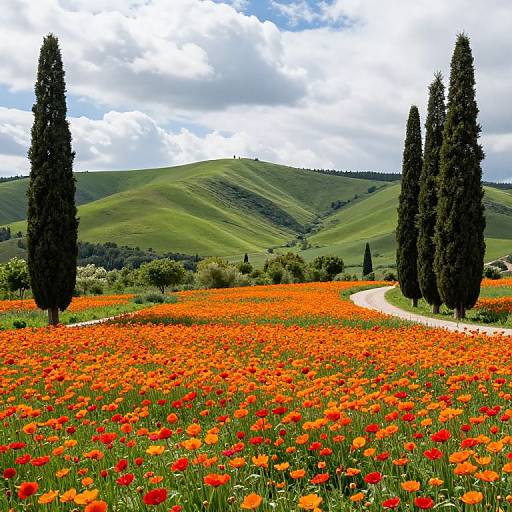 Photograph of a vibrant field of red and orange poppies with tall cypress trees, winding path, green hills, and a cloudy sky in the