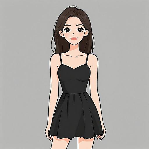 Digital anime-style drawing of a fair-skinned woman with long dark brown hair, wearing a black strapless, short dress, and smiling, against a