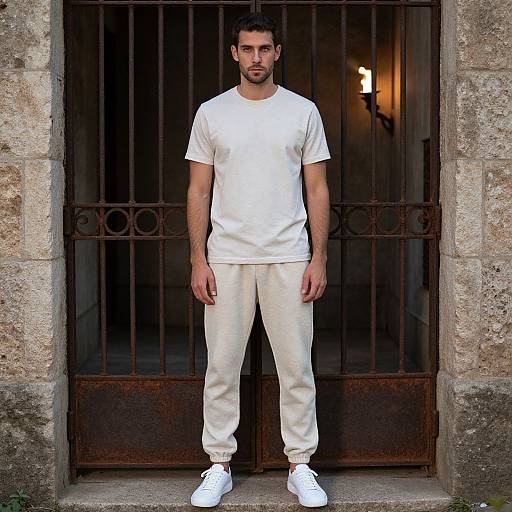 Photograph of a serious, dark-haired man in a white t-shirt, pants, and sneakers, standing in front of a rusty iron gate.