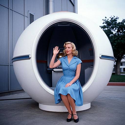 Photograph of a blonde woman in a vintage blue dress and black heels, waving from inside a futuristic white orb pod.