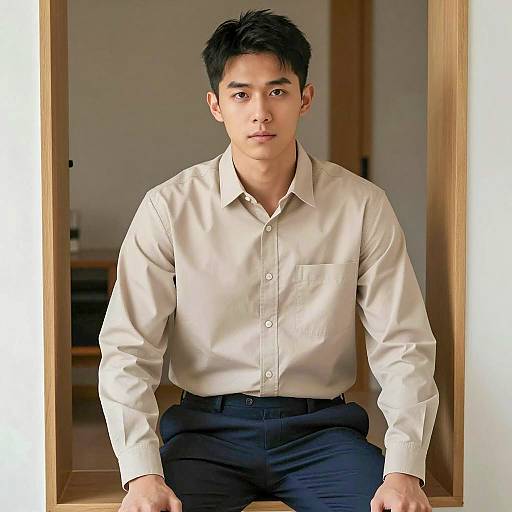 Young Asian Man in Beige Shirt Sitting