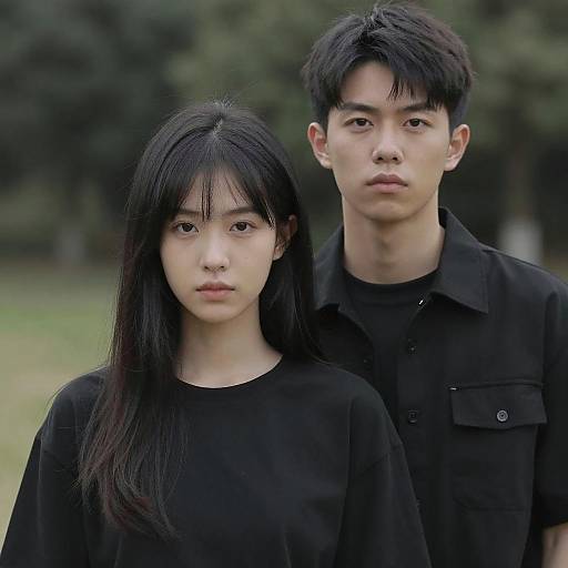 Serious Young Asian Couple in Black Outdoors