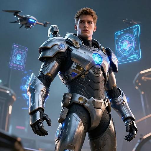 Photorealistic CGI of a muscular man in futuristic silver and black armor with glowing blue accents, standing in a high-tech, illuminated cityscape with hovering