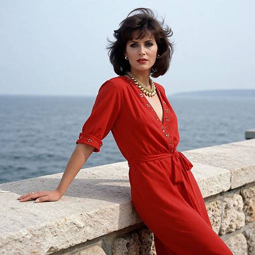 1980s Woman by Sea in Red Dress