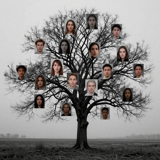 Photograph of a leafless tree with 15 portrait photos of diverse people's faces inserted among branches, set against a foggy, barren landscape.