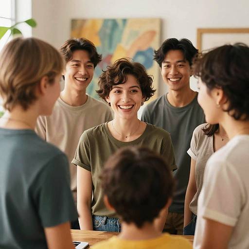 Photograph of a smiling woman with short, curly brown hair and olive-green t-shirt, surrounded by five young people laughing in a brightly lit, colorful