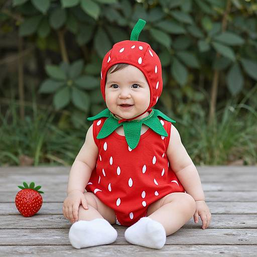 Photograph of a smiling baby in a red strawberry-print onesie with green leaf collar, white socks, and strawberry hat, sitting on wooden deck with