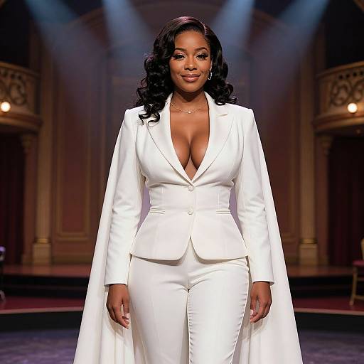 Photograph of a confident Black woman with long, curly black hair, wearing a white, deep V-neck blazer and pants, walking down a dim
