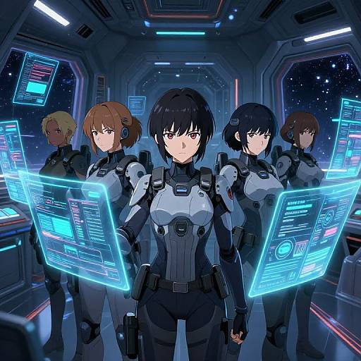 Digital anime-style illustration of five female sci-fi soldiers in black armor, standing in a futuristic spaceship with glowing blue holographic screens.