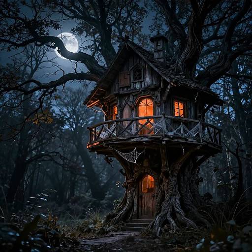Photograph of a spooky, wooden treehouse with glowing orange windows, surrounded by dark, twisted trees under a full moon.