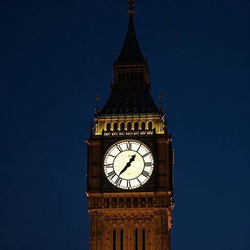 Photograph of Big Ben clock tower at night, illuminated against a dark blue sky, with a glowing white clock face.