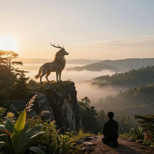 Digital artwork: Silhouetted figure sits on rocky cliff, gazing at majestic, horned creature standing on cliff edge, misty forest sunrise