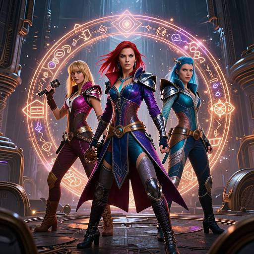 Digital artwork of three fierce female warriors with vibrant hair (red, blonde, blue) in metallic armor, standing confidently before a glowing magical circle, set