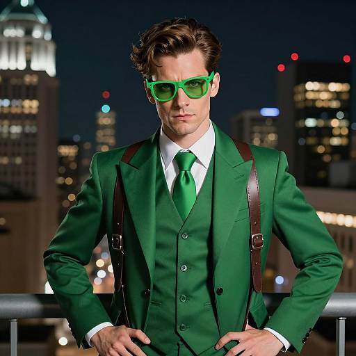 Man in Green Riddler Superhero Suit at Night